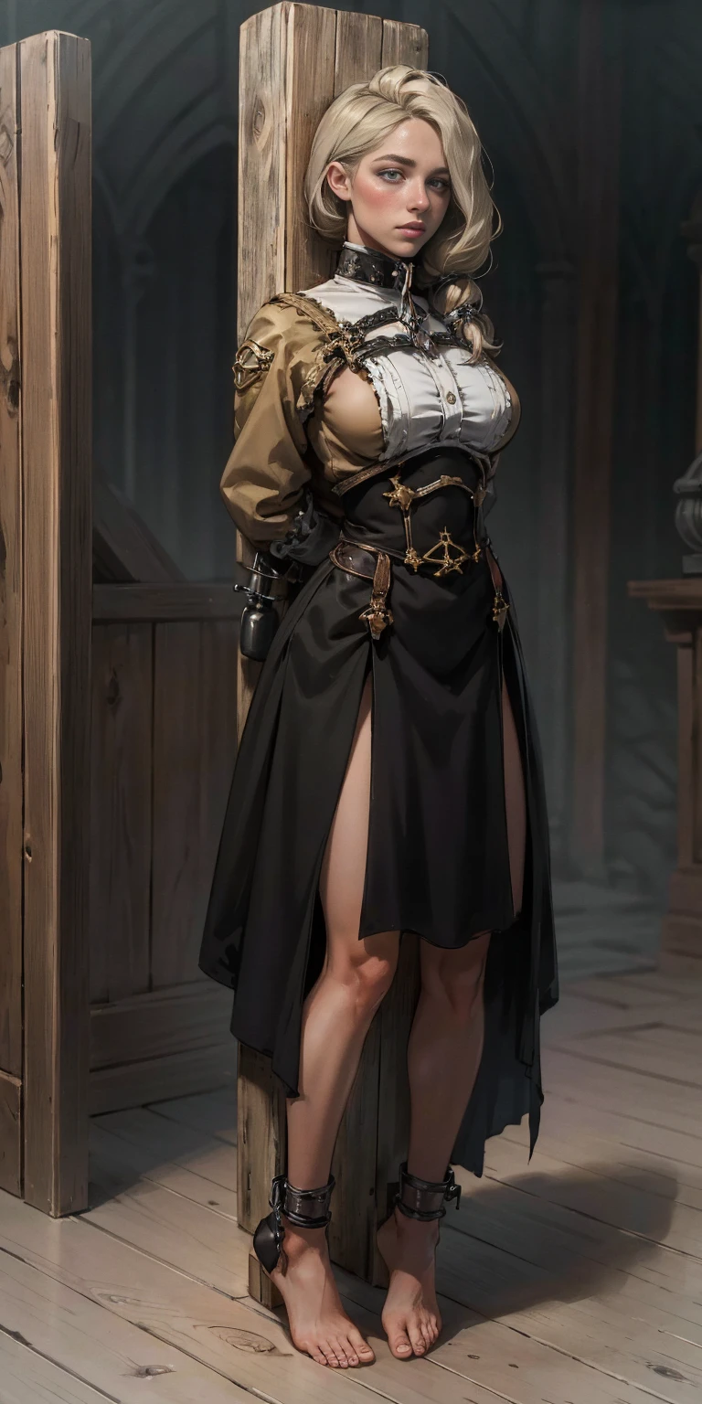 (masterpiece, best quality), intricate details, 1girl, Mercedes von Martritz (standing full body toe to head by wooden pole:1.2) iron collar, arms behind back, iron cuffs, shackles, bound, bondage outfit, harness, o-ring