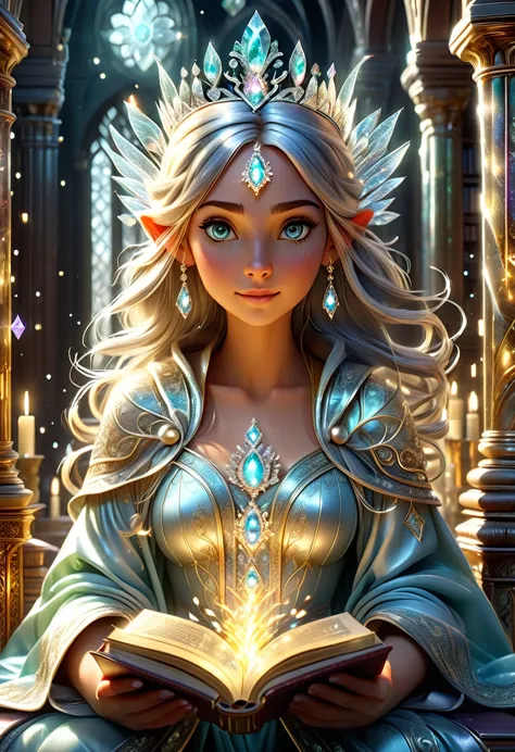 A wise elf reading an ancient book of spells in a grand library filled with glowing crystals and ancient artifacts. She wears a ...