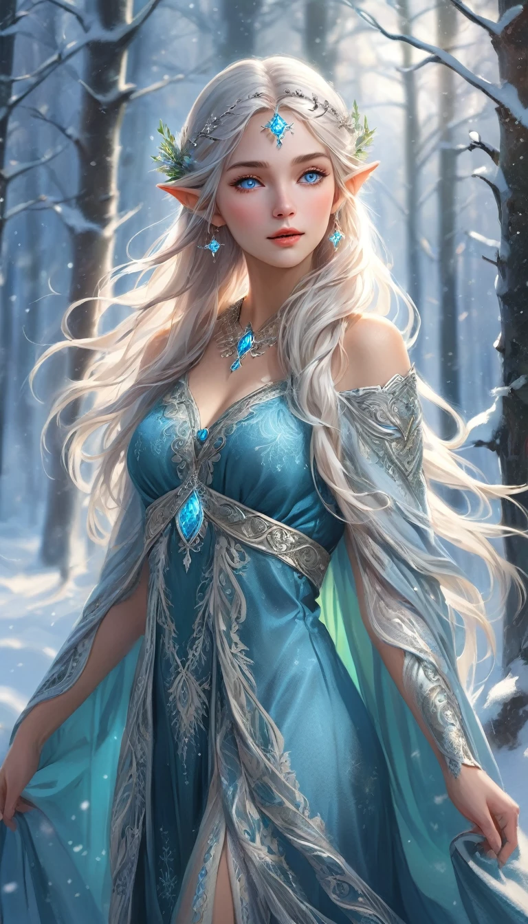 (masterpiece:1.3),(highest quality:1.4),(ultra detailed:1.5),High resolution,extremely detailed,unity 8k wallpaper,A graceful Nordic elf with long, silvery hair and piercing blue eyes, wearing a flowing robe made of fine furs and adorned with intricate silver embroidery. She stands in a snow-covered forest, the northern lights casting a mystical glow around her. She holds a staff carved with ancient runes, exuding a sense of timeless wisdom and power.