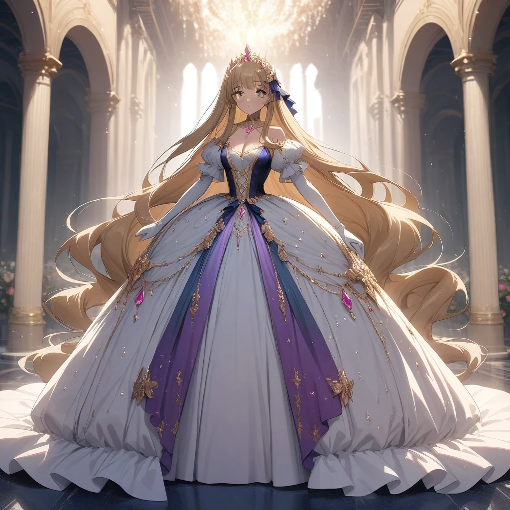 ((Moe anime art style)),masterpiece,highest quality,Super detailed,Very delicate and beautiful,((alone)),whole body,(((whole body))),((1 glittering princess in a gorgeous rococo ball gown adorned with jewels)),((((Hugely huge ,Skin dents)))),((Cleavage)),((Detailed face and eyes)),Jewel-like eyes,((crinoline,Long train)),((Standing in the palace)),((Very long straight hair,Lots of straight hair, Ridiculously long hair)),Very gorgeous hair ornament,Very gorgeous jeweled tiara,Fine Jewelry,whole body,((Highly detailed gorgeous rococo ball gown、With jewels))