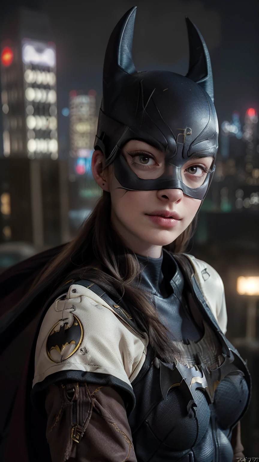 ((Anne Hathaway、(Batgirl with a Batarang))), Wears Batgirl armor with cape, (Dynamic pose), muscles are defined, Redhead, Athletic build, Tight outfit, so beautiful, ((sexy, Small natural breasts, Cleavage, Nippon)), (Highly detailed skin: 1.2), Serious face, Beautiful Face, Highly detailed skin, Skin pores, (Highly detailed face:1.1), (Highly detailed eyes:1.1), Realistic pupils, Blush all over face, Fuller lips, (Perfect Anatomy:1.1), (Perfect balance:1.1), (photograph:1.1), (photoRealistic:1.1), Volumetric lighting, Dynamic Lighting, True Shadow, (High resolution:1.1), Sharp focus, (Realistic, hyperRealistic:1.4), complicated, High detail, dramatic, Scattered beneath the surface, Vivid, Polished, Honed, 35mm, 8k, (((Night photograph, Gotham City Background)