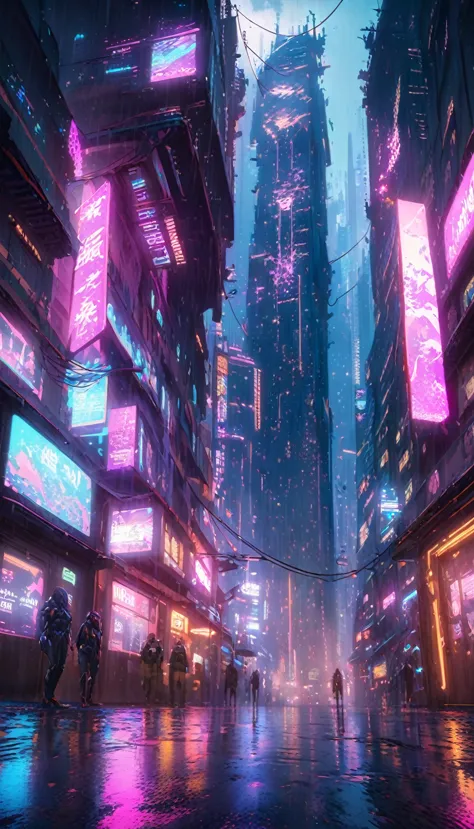 a futuristic cyberpunk city, neon lights, skyscrapers, rain, dark atmosphere, advanced technology, android, cyborg, gun violence...