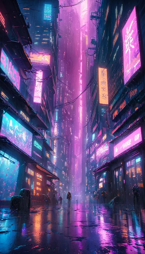 a futuristic cyberpunk city, neon lights, skyscrapers, rain, dark atmosphere, advanced technology, android, cyborg, gun violence...