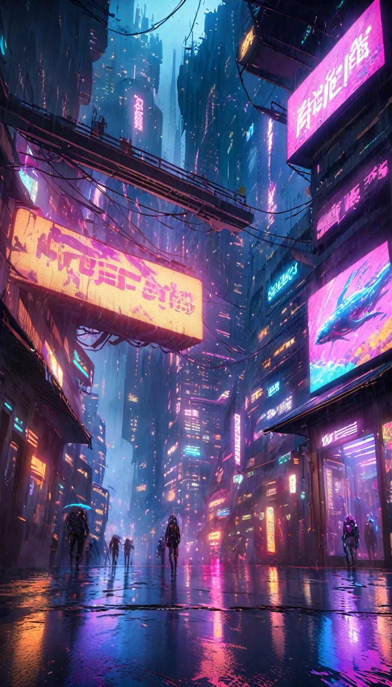 une ville cyberpunk futuriste, néons, grattes ciels, pluie, Ambiance sombre, technologie avancée, Android, cyborg, Violence par armes à feu, Société dystopique, surpopulation, Océan, ville sous-marine, créatures marines bioluminescentes, Éclairage cinématographique, couleurs maussades, ombres dramatiques, très détaillé, 8k, Photoréaliste, style artistique conceptuel