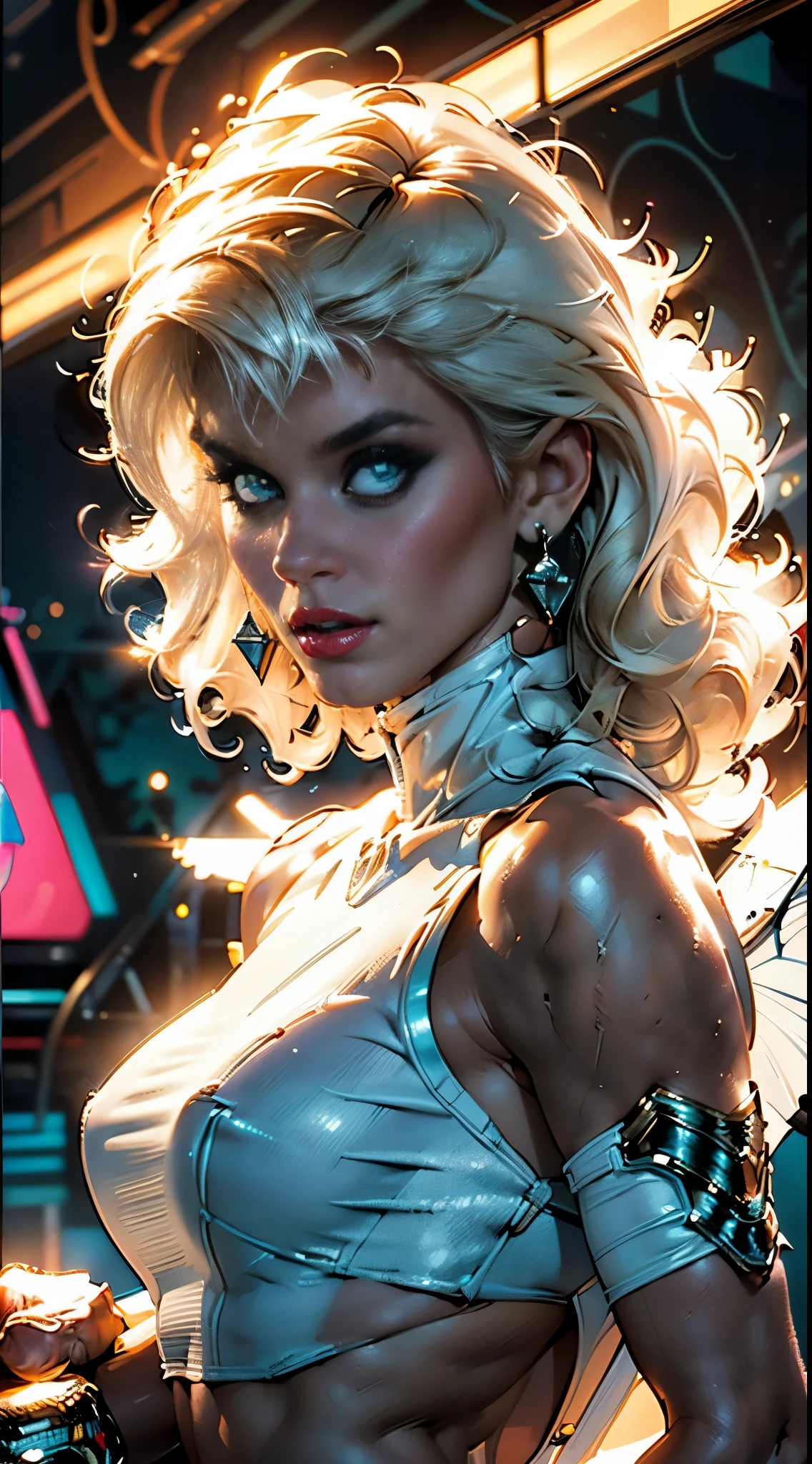 Ginger Lynn wearing a fitted white silk spacesuit with white lace trim, low-cut, cyberpunk futurista, (((fully body))) on the comic panel, whole body, bold lineart illustration comics, alluring blue eyes, parted lips, perfectbody, curved, Fitness, nsfw, in the style of Adam Hughes, (((​masterpiece))), (((grown-up))) Explore retro-futuristic aesthetics, highlighting your confidence and skill. In the top of building, big city night