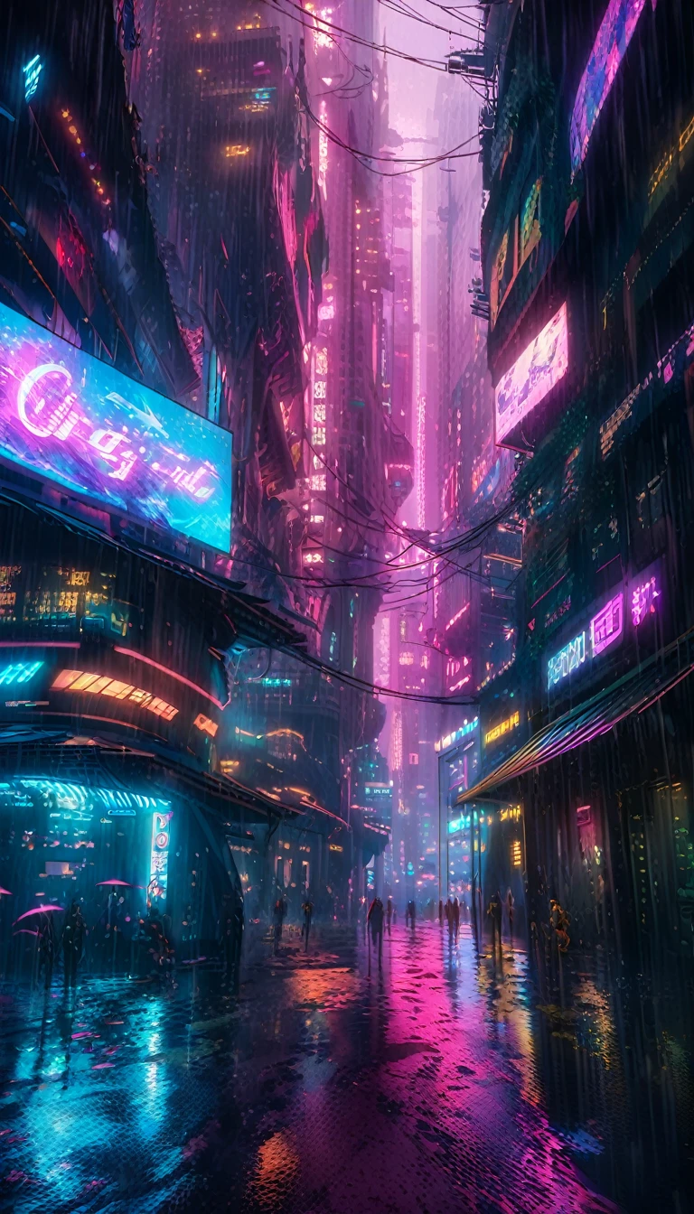 uma cidade cyberpunk futurista, luzes de neon, arranha-céus, chuva, atmosfera escura, tecnologia avançada, ANDRÓIDE, ciborgue, Violência armada, Sociedade distópica, superpopulação, oceano, cidade subaquática, Criaturas marinhas bioluminescentes, iluminação cinematográfica, cores temperamentais, sombras dramáticas, Altamente detalhado, 8K, fotorrealista, Estilo de arte conceitual