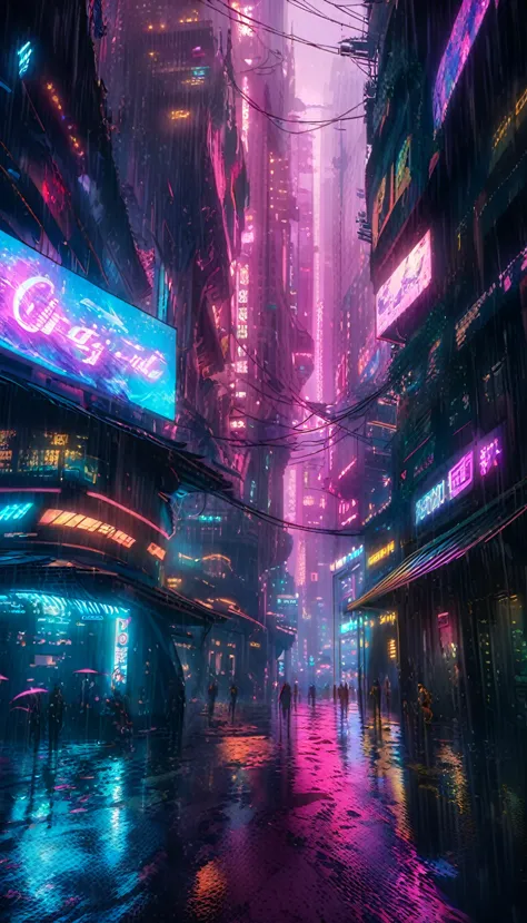 a futuristic cyberpunk city, neon lights, skyscrapers, rain, dark atmosphere, advanced technology, android, cyborg, gun violence...