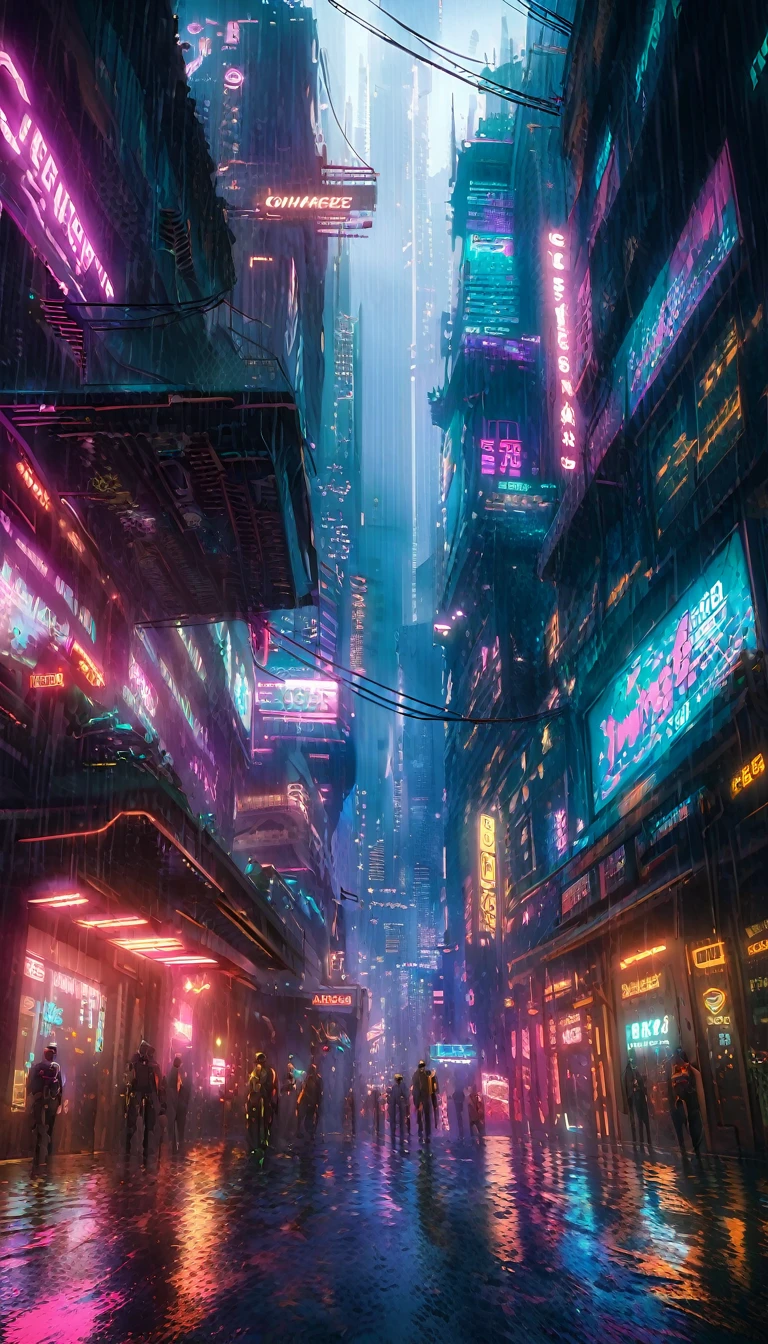 a futuristic cyberpunk city, Neonlichter, Wolkenkratzer, Regen, Dunkle Atmosphäre, Fortgeschrittene Technologie, android, cyborg, Waffengewalt, Dystopische Gesellschaft, Überbevölkerung, Ozean, Unterwasserstadt, Biolumineszierende Meerestiere, filmische Beleuchtung, stimmungsvolle Farben, Dramatische Schatten, sehr detailliert, 8k, fotorealistisch, Konzeptkunststil