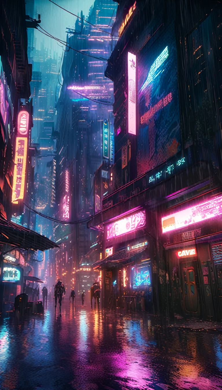 una ciudad futurista cyberpunk, Luces de neón, rascacielos, lluvia, dark atmosphere, tecnología avanzada, ANDROIDE, cíborg, la violencia armada, sociedad distópica, superpoblación, océano, ciudad submarina, criaturas marinas bioluminiscentes, iluminación cinematográfica, Colores cambiantes, sombras dramáticas, muy detallado, 8K, Fotorrealista, estilo de arte conceptual