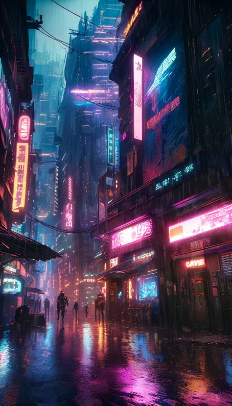 a futuristic cyberpunk city, neon lights, skyscrapers, rain, dark atmosphere, advanced technology, android, cyborg, gun violence...