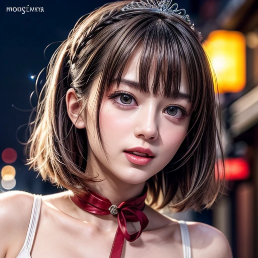 masterpiece of professional Analog photo, realistic and photorealistic with touch of rawness, (a close-up portrait of a tiny princess wearing white thongs on a city street), Dusk Sky with afterglow, intricate lighting effects with light particles, (many colorful lights dazzling bokeh), Traffic lights, enjoying summer festival, { Childish | Gigantic Cleavage } . BREAK (((NOGIZAKA)))  Extremely Detailed very KAWAII face variation, perfect anatomy, captivating gaze, elaborate detailed Eyes with (sparkling highlights:1.2), long eyelashes、Glossy RED Lips with beautiful details, Coquettish tongue, Rosy cheeks . (Dynamic joyful expressions), { pleasure in agony | Ecstasy | :D | screaming | Perplexed }, Mystic sight . hair and eye color is same color, { Red leather high collar | Red ribbon }, from diagonally angle, Tiny Coronet, { half updo | short bob } .