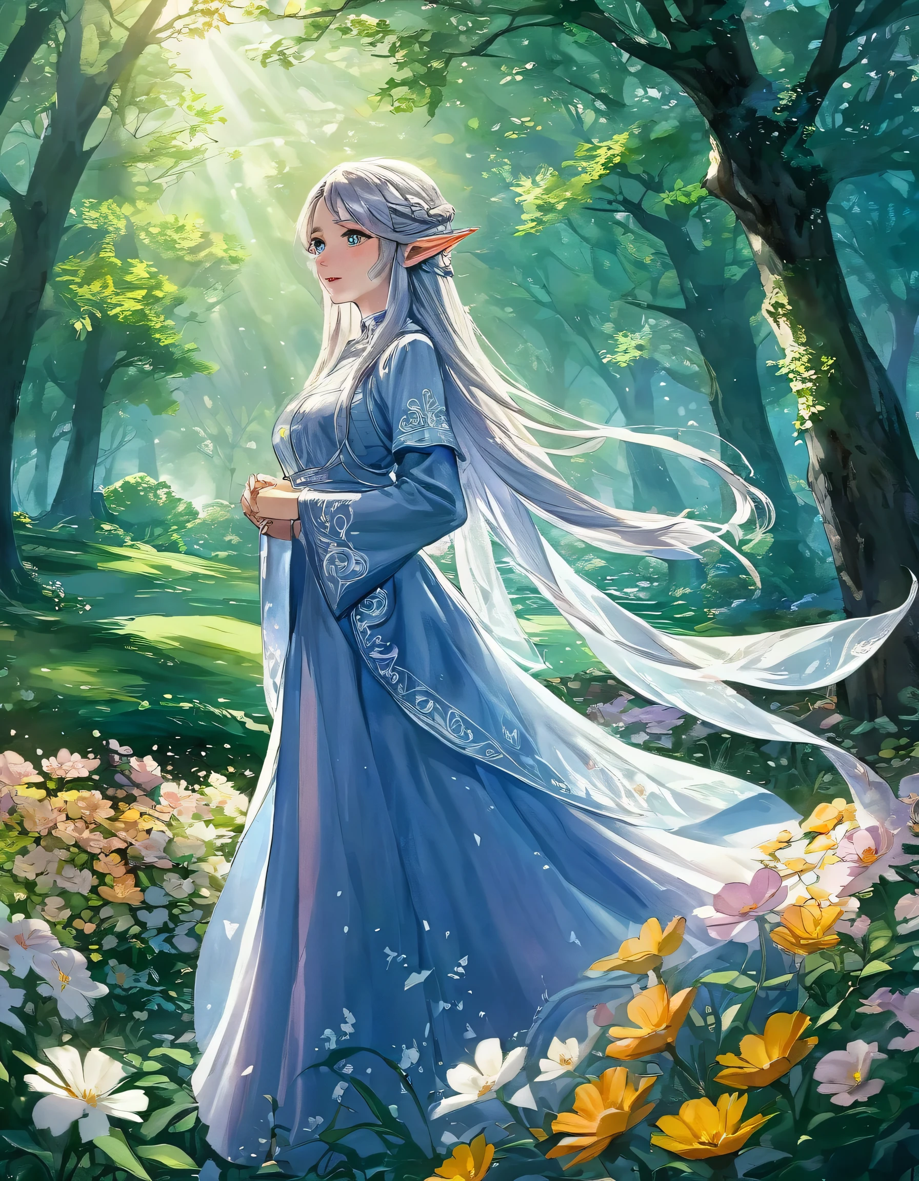 masterpiece,best quality, frieren, sousou no frieren, elf, standing, blush, closed mouth, hair between eyes, long sleeves, earrings, absurdres, highres, , 
Fantasy, elven forest, luminous butterflies fluttering about, blue grass and other colourful flowers in bloom, sunlight filtering through the trees illuminating the garden,every intricate detail, absurd fine detail, Mythological fantasy, Mystical atmosphere, Oil painting-like strokes, 