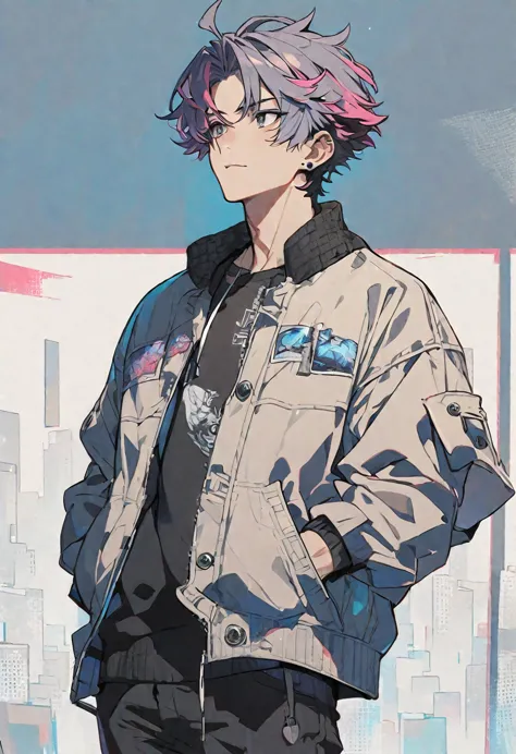 solo, handsome, 1 male, short hair, pink and black color hair, gray eyes, hands in pocket