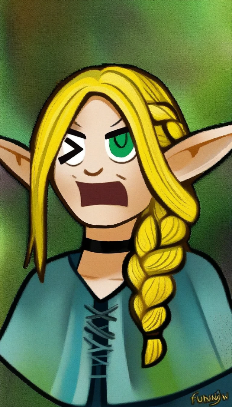 epic digital painting, 1girl, solo, pointy ears, braid, blonde hair, green eyes, choker, elf, long hair, hair over shoulder, funny expression, meme, >_< 