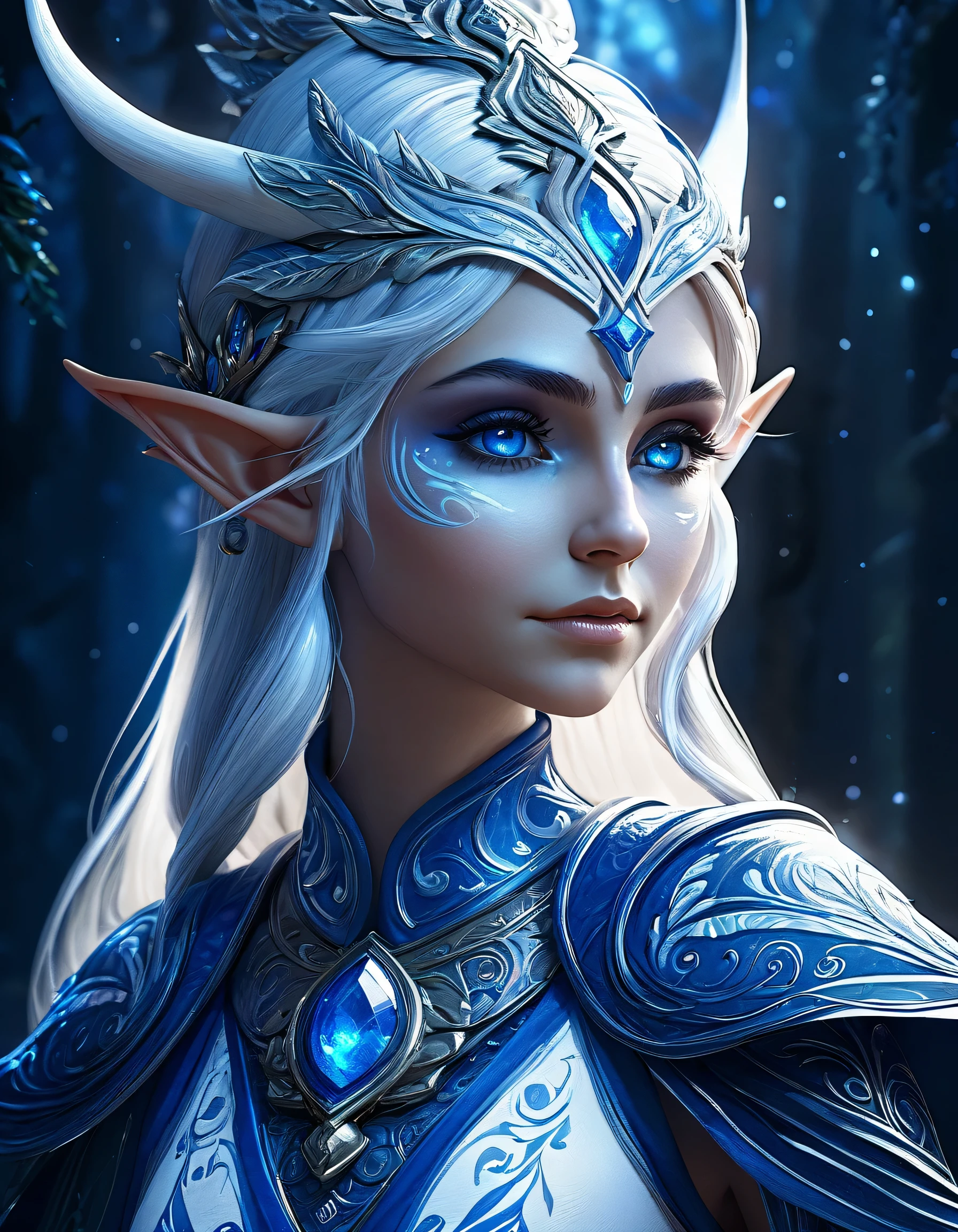 Portrait of an elf entering a dark fantasy world, elaborately painted face, blue and white world, elf painted in blue and white, elf profile, shining details, (tremendous protective aura: 1.3), intricate detail rendering, 3D rendering, octane render, Breathtakingly beautiful CG.