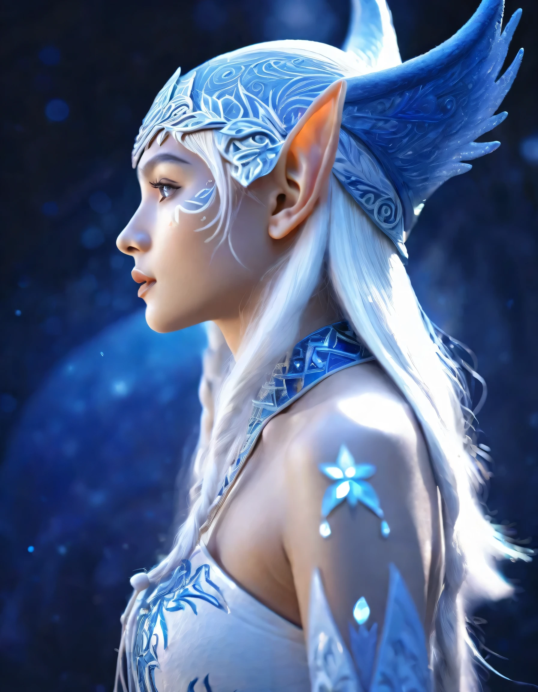 Portrait of an elf entering a dark fantasy world, elaborately painted face, blue and white world, elf painted in blue and white, elf profile, shining details, (represented on background with tremendous protective aura: 1.3), intricate detail rendering, 3D rendering, Octane render, breathtakingly beautiful CG.