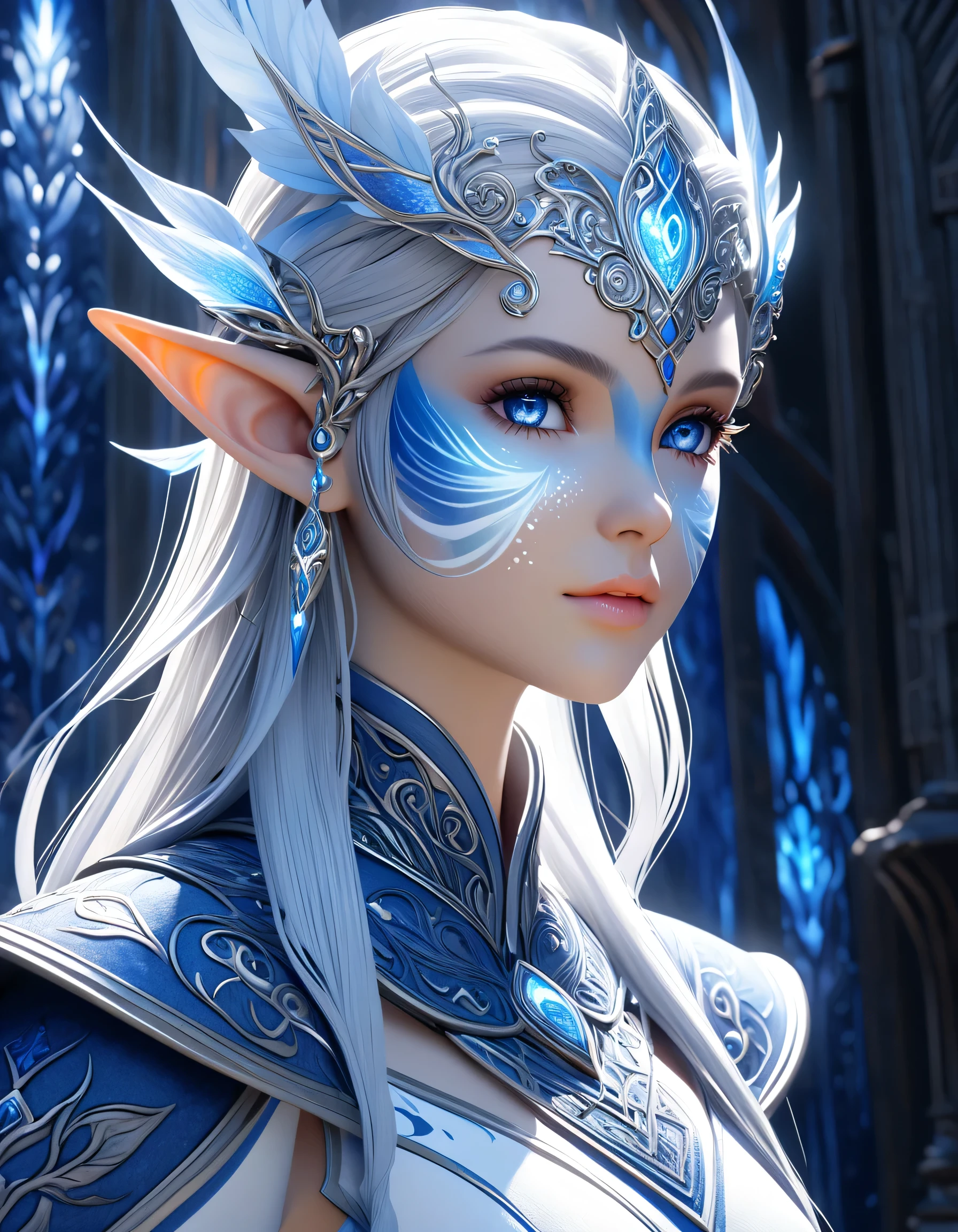 Portrait of an elf entering a dark fantasy world, elaborately painted face, blue and white world, elf painted in blue and white, elf profile, shining details, (represented on background with tremendous protective aura: 1.3), intricate detail rendering, 3D rendering, Octane render, breathtakingly beautiful CG.