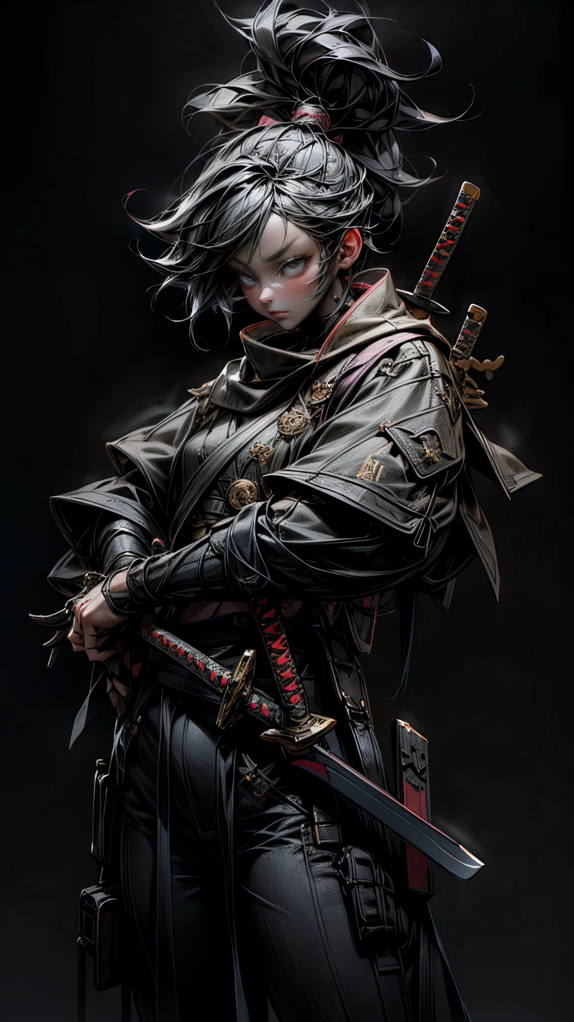 uma mulher segurando uma espada em um quarto escuro, 2. arte de fantasia de anime 5 d cgi, segurando uma katana preta, impressionante renderização em 3D de fantasia, segurando katana, arte de personagem de motor irreal, desembainhando sua katana, she is segurando uma katana sword, modelos yasuke 5 0 0 px, pose dramática de empunhar uma katana, segurando uma katana