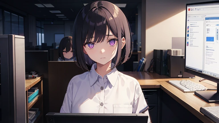 Woman working in the office, , Black Hair, Short Bob, Purple glowing eyes, White shirt, Light Brown Jacket, Melancholic expression, Show me your face, Face to face with computer