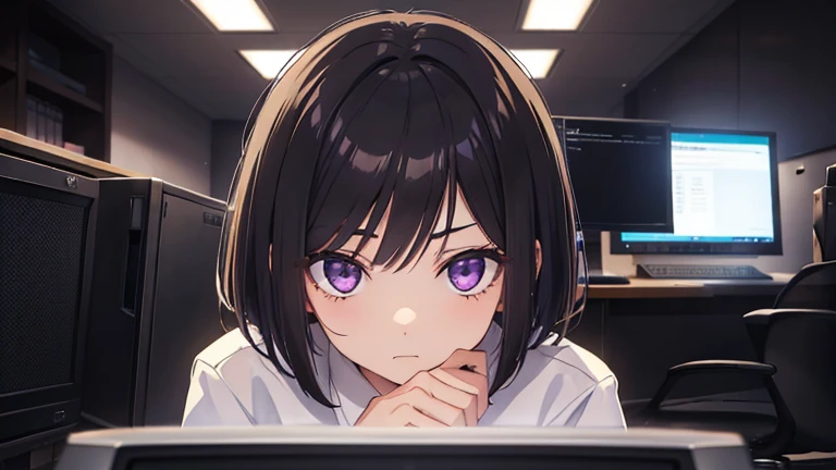 Woman working in the office, , Black Hair, Short Bob, Purple glowing eyes, White shirt, Light Brown Jacket, Melancholic expression, Show me your face, Face to face with computer