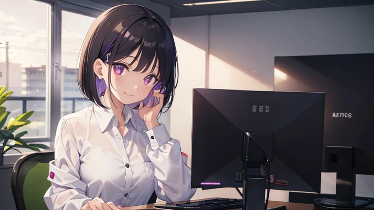 Woman working in the office, , Black Hair, Short Bob, Purple glowing eyes, White shirt, Light Brown Jacket, Happy,Happy smile、 Show me your face,Hair tucked behind one ear、 Face to face with computer、Glitter effect
