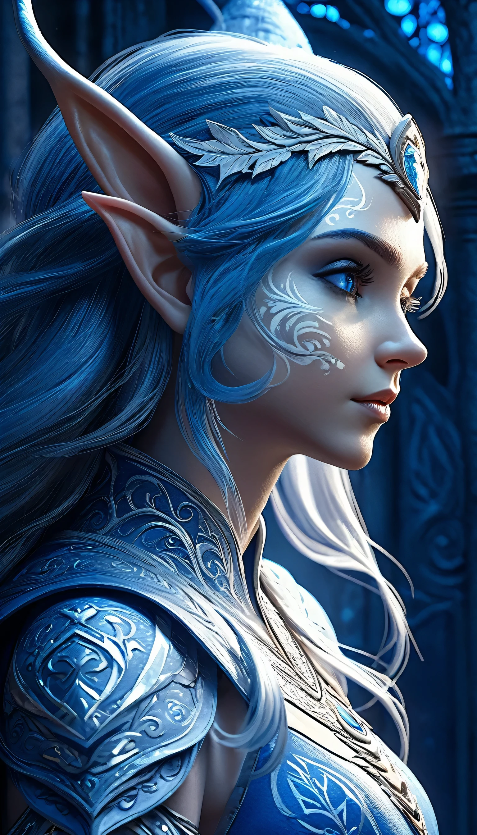 Portrait of an elf entering a dark fantasy world, elaborately painted face, blue and white world, elf painted in blue and white, elf profile, glowing details,  intricate detail rendering, 3D rendering, Octane render, breathtakingly beautiful CG.