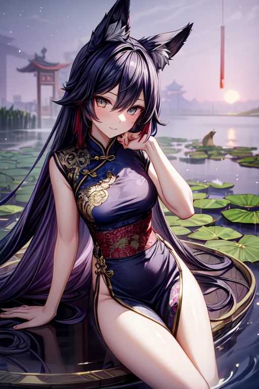 absurdity, a high resolution, ultra detailed, (1 Girl:1.3), hand drawn, Simple Line, Girl in colorful Chinese Hanfu, sexy girl with fox ears, At the lotus pond, masterpiece, sitting in the water, Floating clothing, floating hair