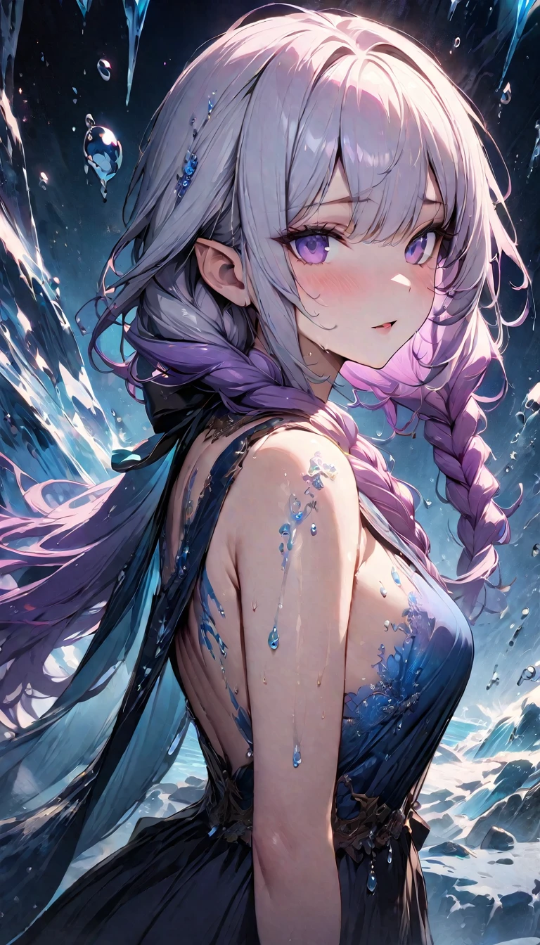 (masterpiece, illustration, best quality:1.5), 1 Elf girl, yinji, purple hair, purple eyes, long hair, white hair, double braids, gradient hair, water blue body painting, global illumination, finely detailed, beautiful face, beautiful detailed shading, (3_water_droplets), tilted halos, body lightly covered with frost, water elements, water drops, water, jowelery and wet atmosphere,beautifully detailed background, cinematic, black ice, pink and blue gems , transparent sky blue scarf , royal blue dress