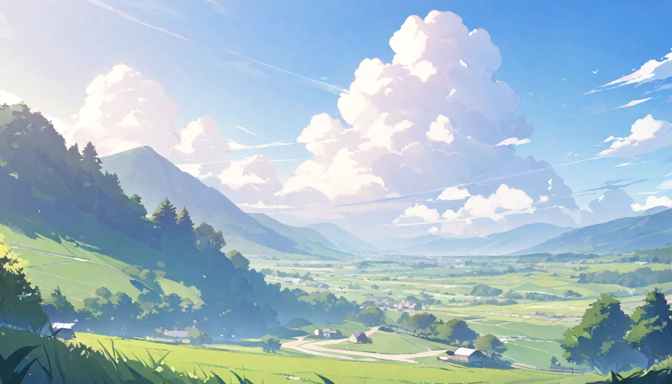 Summer rural landscape illustration blue sky,(highest quality:1.1)