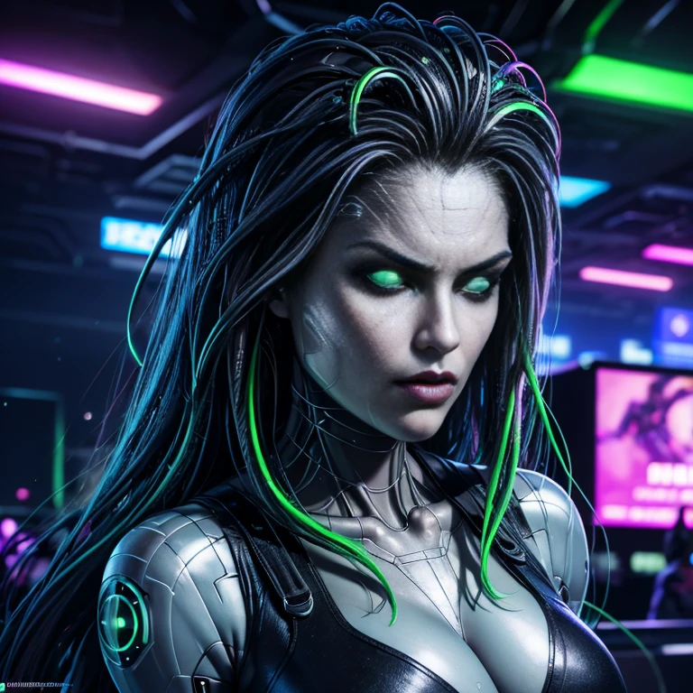 un primer plano de una persona con una cara con luces verdes brillantes, medusa ciberpunk, pelo de alambre negro, shodan from choque del sistema 2, choque del sistema 2, cara ciberpunk, cyberpunk enojado hermoso druida, seres cibernéticos complejos, diosa cyborg en el cosmos, cyberpunk angry gorgeous goddess, arte ciberpunk digital avanzado, Demonio cibernético depravado, psytrance y giger, cybernetic glowing, tri óptimo en su pecho. 