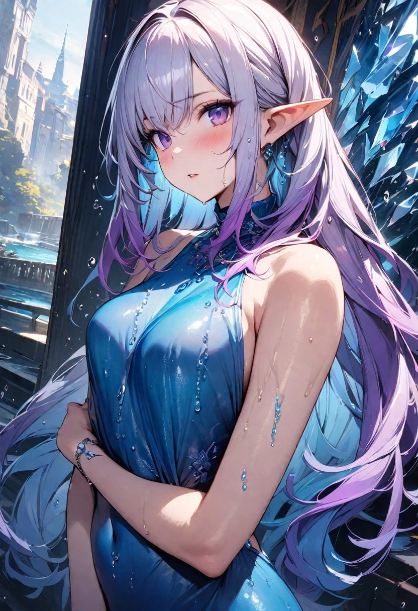 (masterpiece, illustration, best quality:1.5), 1 Elf girl, yinji, purple hair, purple eyes, long hair, white hair, double braids, gradient hair, water blue body painting, global illumination, finely detailed, beautiful face, beautiful detailed shading, (3_water_droplets), tilted halos, body lightly covered with frost, water elements, water drops, water, jowelery and wet atmosphere,beautifully detailed background, cinematic, black ice, pink and blue gems , transparent sky blue scarf , royal blue dress
