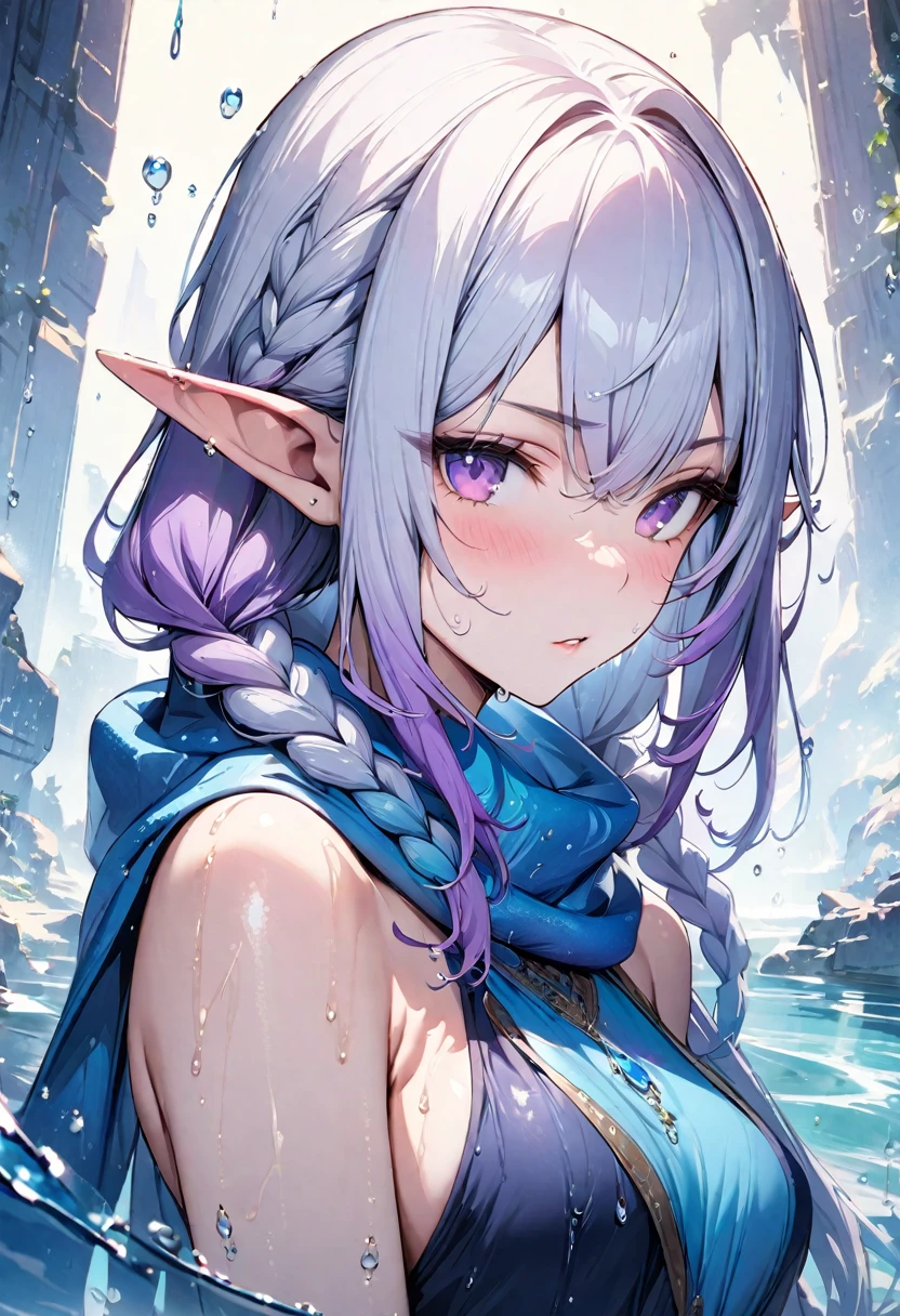 (masterpiece, illustration, best quality:1.5), 1 Elf girl, yinji, purple hair, purple eyes, long hair, white hair, double braids, gradient hair, water blue body painting, global illumination, finely detailed, beautiful face, beautiful detailed shading, (3_water_droplets), tilted halos, body lightly covered with frost, water elements, water drops, water, jowelery and wet atmosphere,beautifully detailed background, cinematic, black ice, pink and blue gems , transparent sky blue scarf , royal blue dress