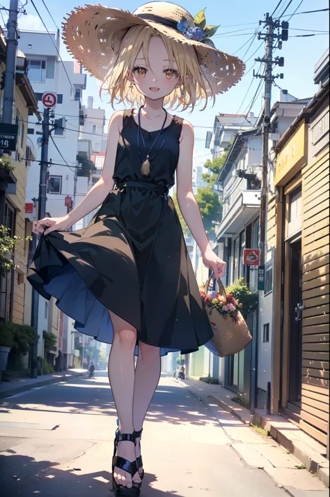 (annakyouyama, anna kyouyama, blonde hair, short hair, (brown eyes:1.7),happy smile, smile, open your mouth,big straw hat,black ...