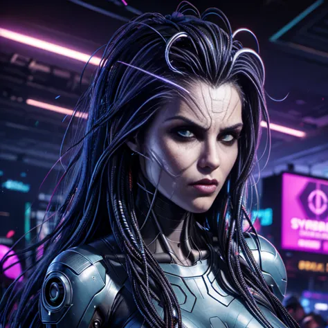 a close up of a person with a face, cyberpunk medusa, black wire hair, shodan from system shock 2, system shock 2, cyberpunk fac...