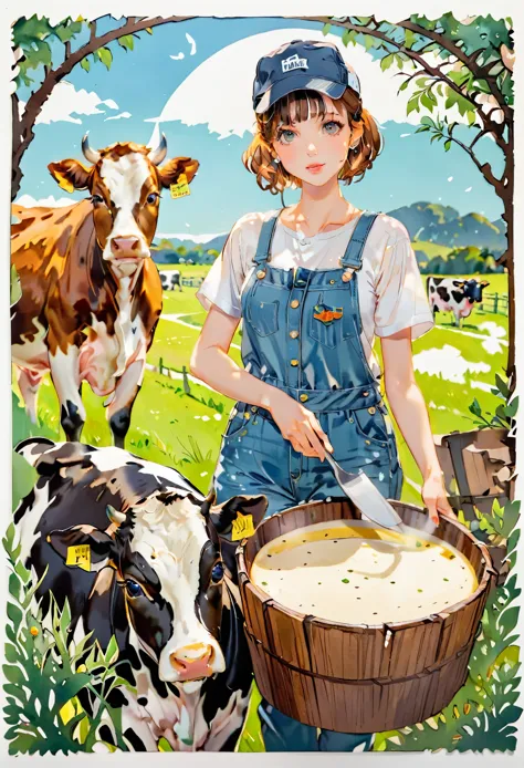 (((paper cutting style))), 1 girl, short brown curry hair, cap, denim overall, Dairy cow, portfolio