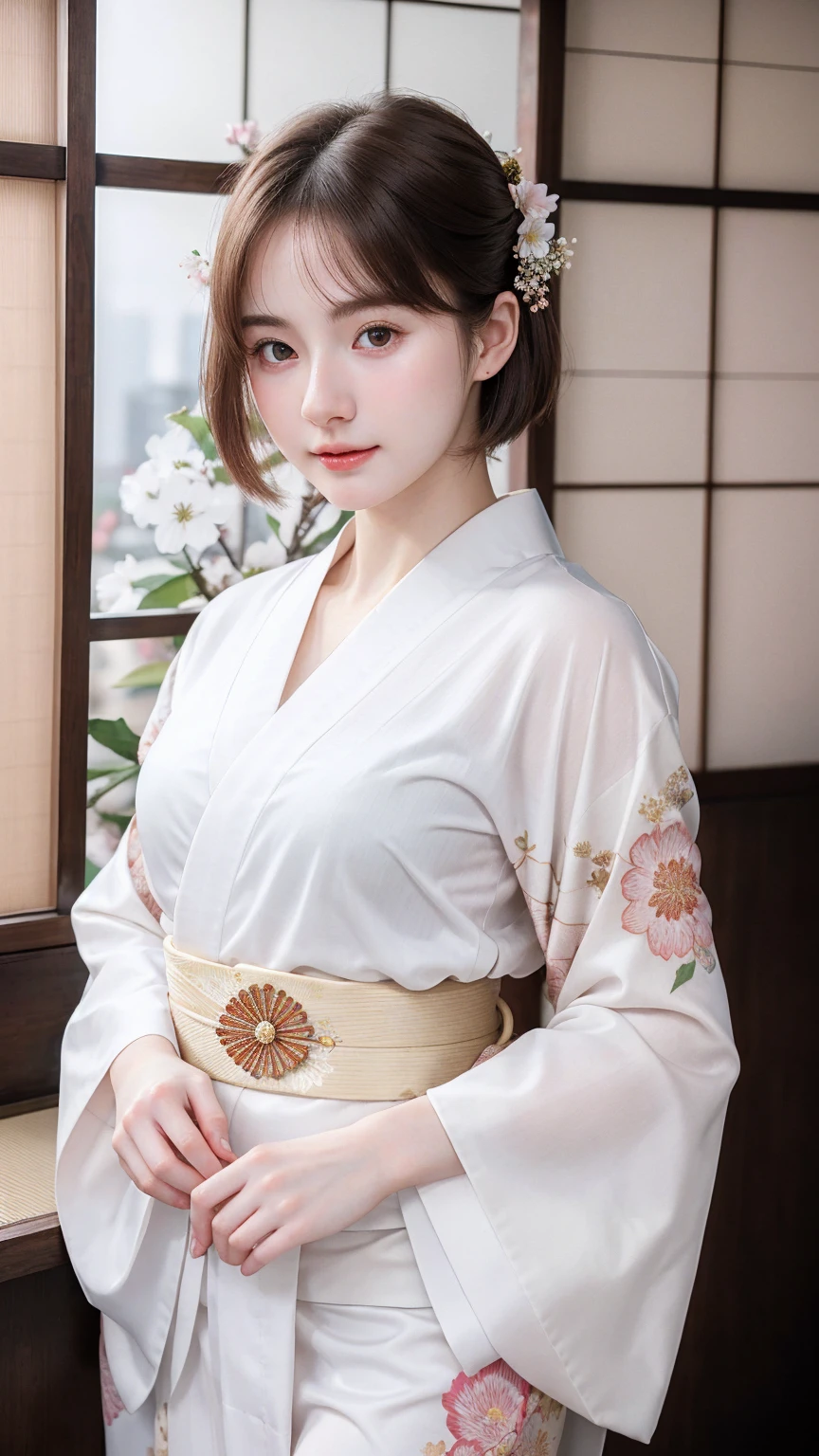 ((best quality)), photorealistic, photorealism, Photorealistic, high resolution, Beautiful, Baby Face, 20 Years Old, White Skin, pale skin, medium breast, seductive pose, dynamic pose, looking at the camera, (Detailed face), short hair, sexy body, (wearing japanese kimono), (japanese flowers motif kimono), Fingers are occluded, bokeh, cafe background