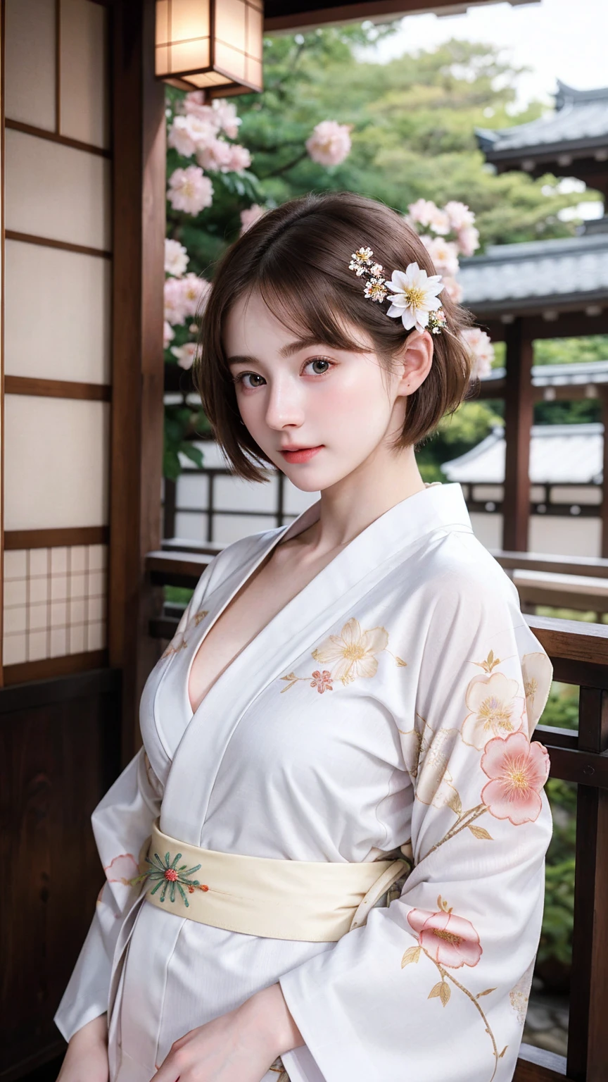 ((best quality)), photorealistic, photorealism, Photorealistic, high resolution, Beautiful, Baby Face, 20 Years Old, White Skin, pale skin, medium breast, seductive pose, dynamic pose, looking at the camera, (Detailed face), short hair, sexy body, (wearing japanese kimono), (japanese flowers motif kimono), Fingers are occluded, bokeh, cafe background