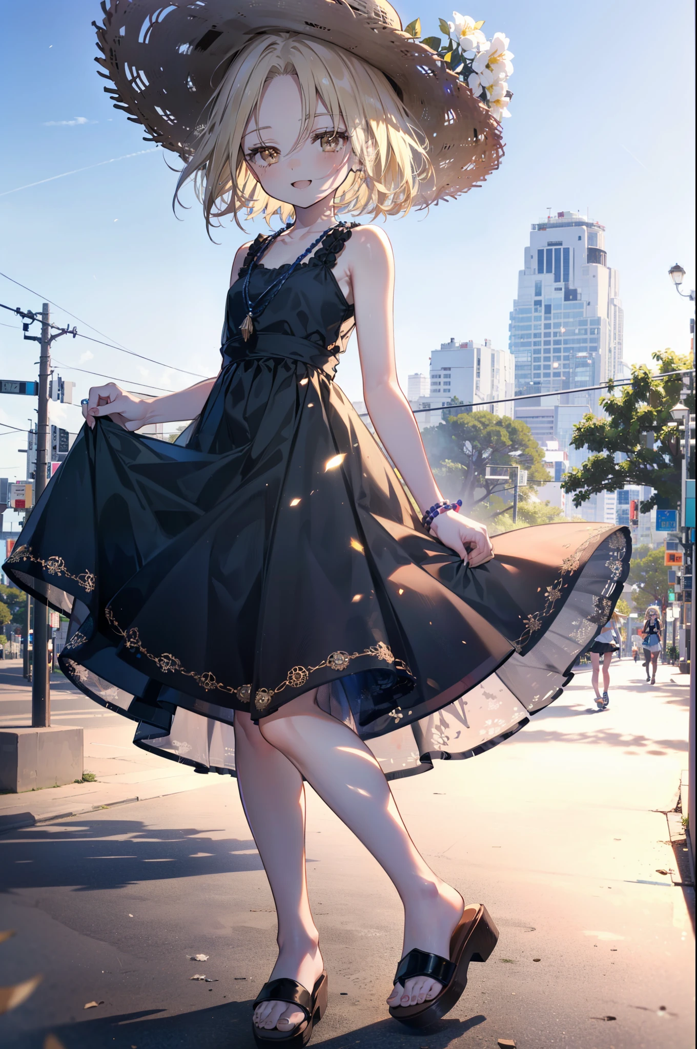 (annakyouyama, anna kyouyama, Blonde Hair, short hair, (Brown eyes:1.7),happy smile, smile, Open your mouth,Big straw hat,Black sleeveless dress,Long skirt,Cute Sandals,Daytime,Clear skies,Walking,
壊す looking at viewer, whole body,
Destroy outdoors, Building district,Destroy the coastal road (masterpiece:1.2), highest quality, High resolution, unity 8k wallpaper, (shape:0.8), (Fine and beautiful eyes:1.6), Highly detailed face, Perfect lighting, Highly detailed CG, (Perfect hands, Perfect Anatomy),