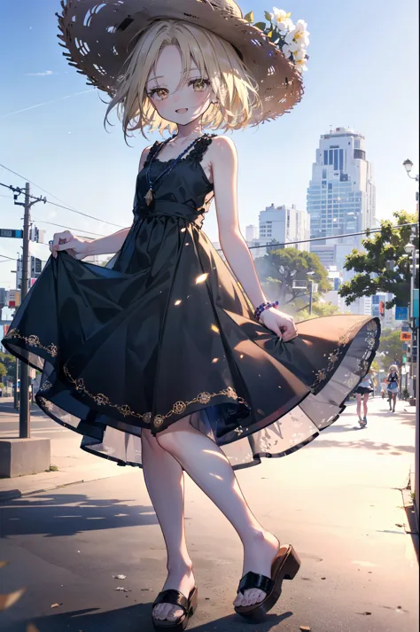 (annakyouyama, anna kyouyama, Blonde Hair, short hair, (Brown eyes:1.7),happy smile, smile, Open your mouth,Big straw hat,Black ...