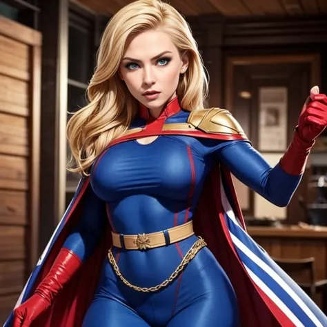 solo, 1girl, Femlander, blonde hair, long hair, blue eyes, blue bodysuit, long sleeves, striped cape, red gloves, belt,