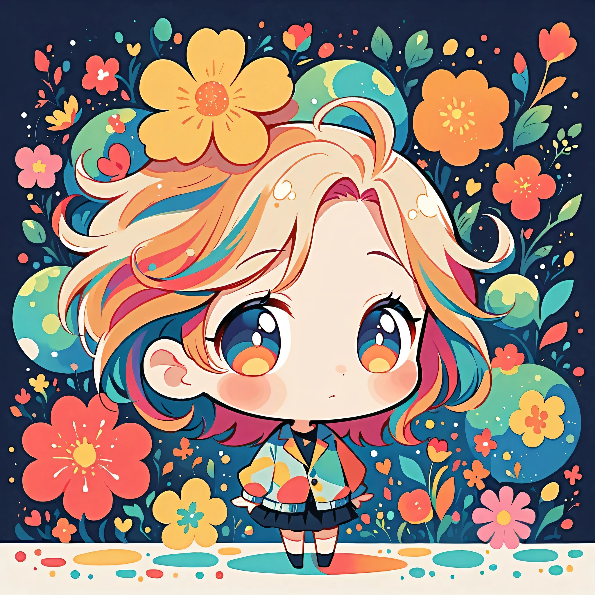 Watase Seizo style, Standing in front of a high wall，Simple Line Initialism，Abstract art, (((The most beautiful girl))), (((chibi))), colorful flowers,