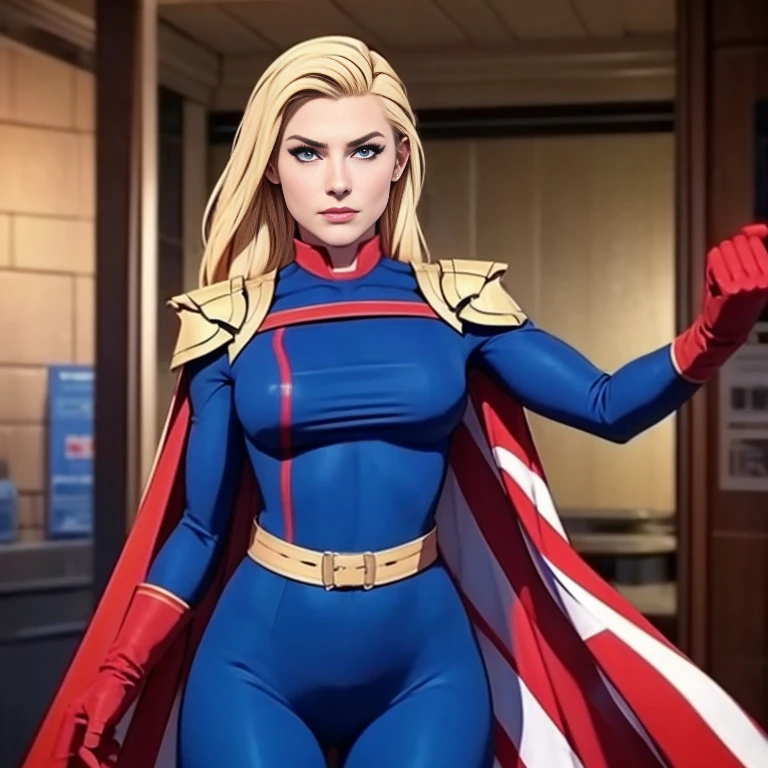 solo, 1girl, Femlander, blonde hair, long hair, blue eyes, blue bodysuit, long sleeves, striped cape, red gloves, belt,