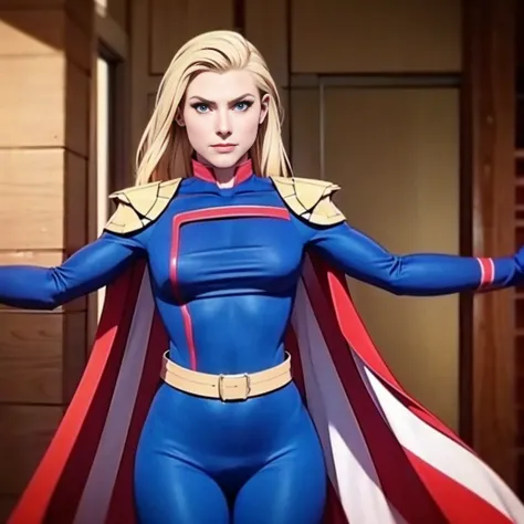 solo, 1girl, femlander, blonde hair, long hair, blue eyes, blue bodysuit, long sleeves, striped cape, red gloves, belt,