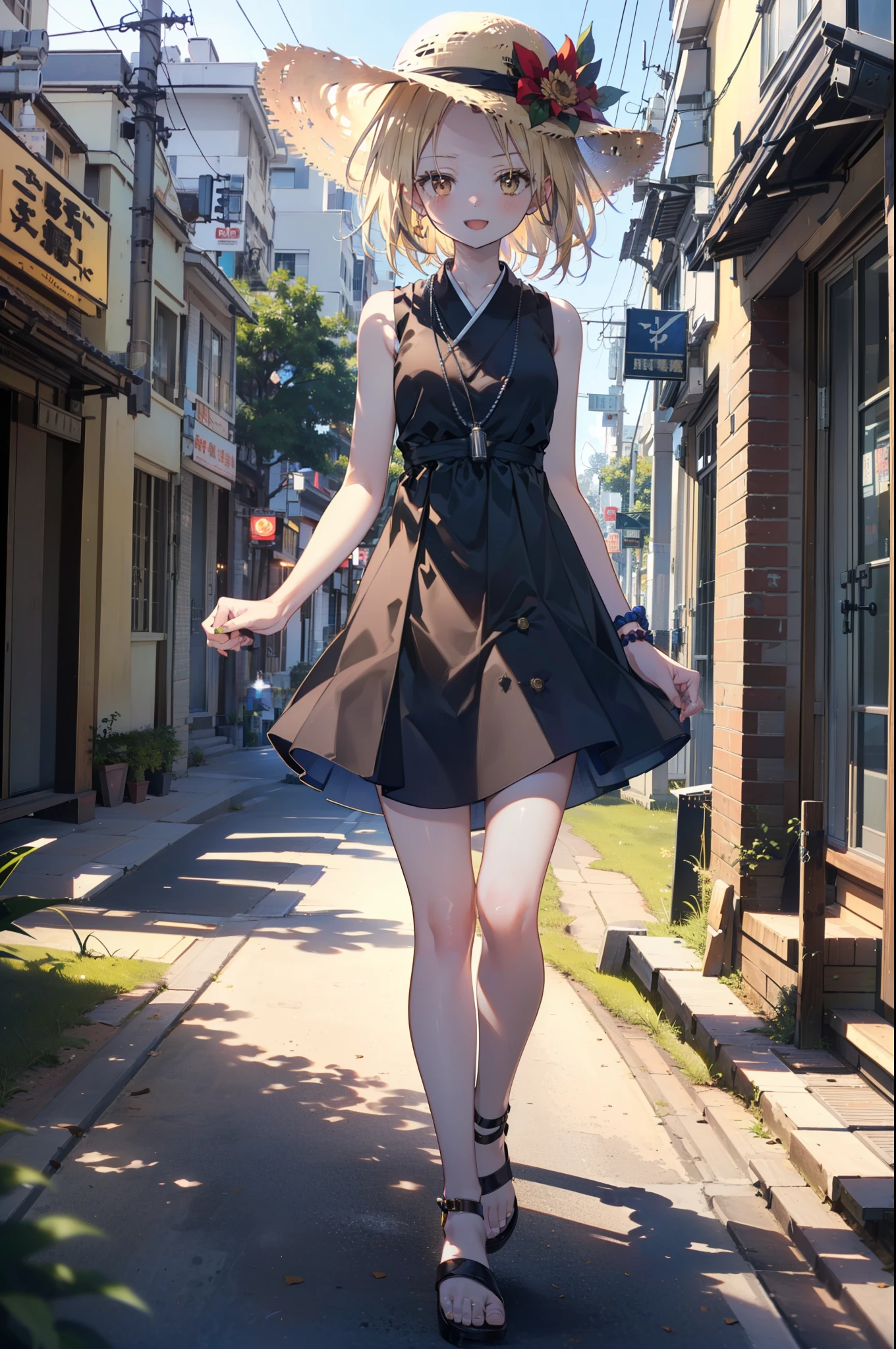 (annakyouyama, anna kyouyama, Blonde Hair, short hair, (Brown eyes:1.7),happy smile, smile, Open your mouth,Big straw hat,Black sleeveless dress,Long skirt,Cute Sandals,Daytime,Clear skies,Walking,
壊す looking at viewer, whole body,
Destroy outdoors, Building district,Destroy the coastal road (masterpiece:1.2), highest quality, High resolution, unity 8k wallpaper, (shape:0.8), (Fine and beautiful eyes:1.6), Highly detailed face, Perfect lighting, Highly detailed CG, (Perfect hands, Perfect Anatomy),