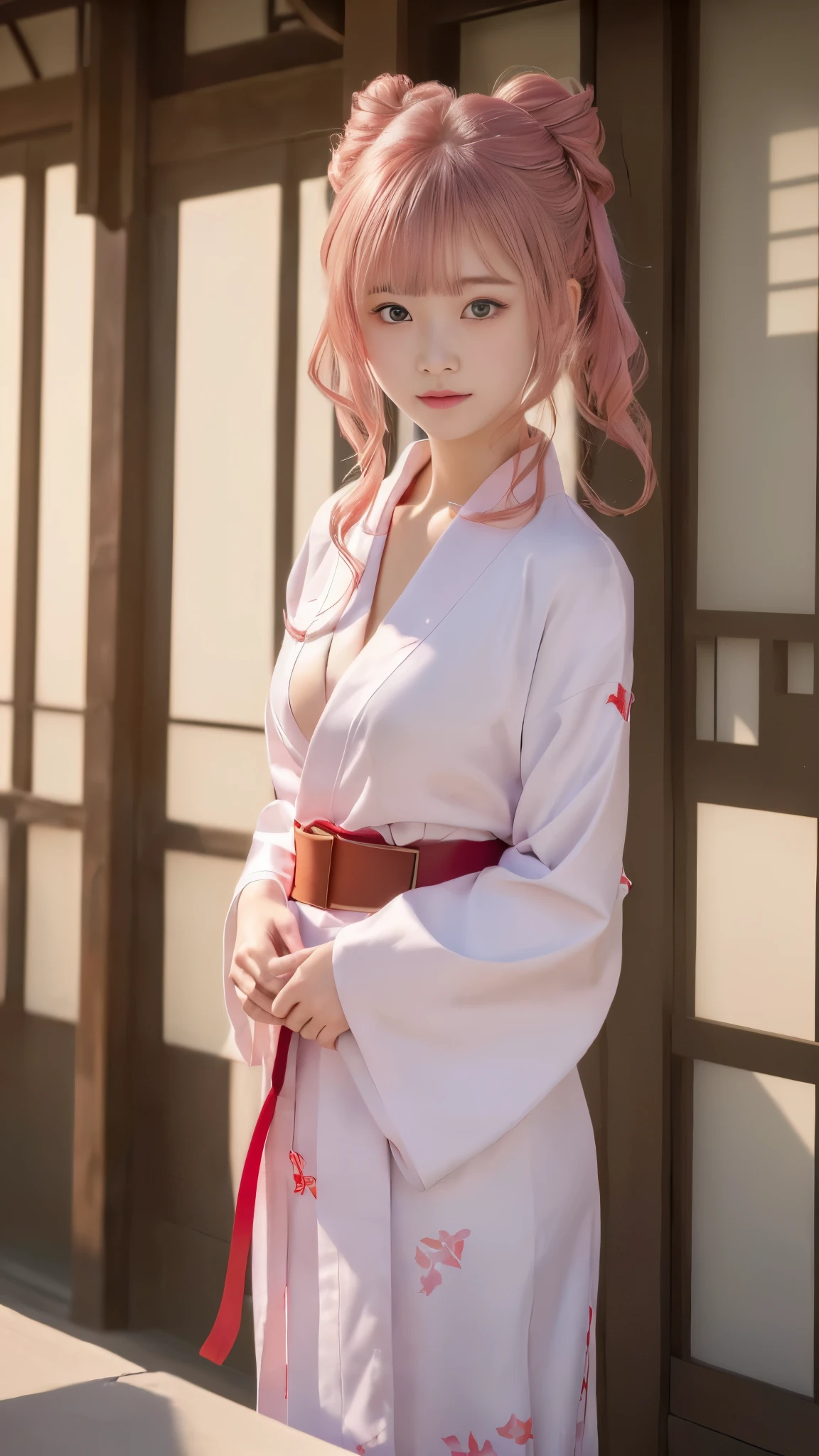 Girl ในชุดกิโมโน standing in front of a building, สวมเสื้อคลุมที่เรียบง่าย, ((เข็มขัดสีแดง, ชุดกิโมโนสีขาวหรูหรา)), วอลล์เปเปอร์อะนิเมะ 4k konachan ที่ดีที่สุด, ในชุดกิโมโน, อายากะ เก็นชิน อิมแพ็ค, ภาพอนิเมะสาวน่ารัก, (((แรงบันดาลใจจาก yui yuigahama))), สวมเสื้อคลุมที่เรียบง่าย, ตัวเอกหญิง 👀 :8, อะนิเมะ Moe Art สไตล์, เด็กสาว, (หน้าอกสวย), ((คุณภาพสูงสุด, 8k, ผลงานชิ้นเอก:1.2)), (ดวงตาและใบหน้าที่มีรายละเอียด:1.2), (มือที่มีรายละเอียด:1.4), (สาวน้อย&#39;มือเล็ก ๆ ของคุณ:1.4), (กายวิภาคศาสตร์ที่สมบูรณ์แบบ:1.3), (สาวสวยวัย 15 ปี, หน้าเด็ก:1.3), (เส้นร่างกายเรียว), (รูปร่างเล็กและเพรียวบาง), ((ทรงผมมวยด้านข้าง, ผมสีชมพูสวย)), ผมสั้น, (จ้องมองที่ผู้ชม:1.2)