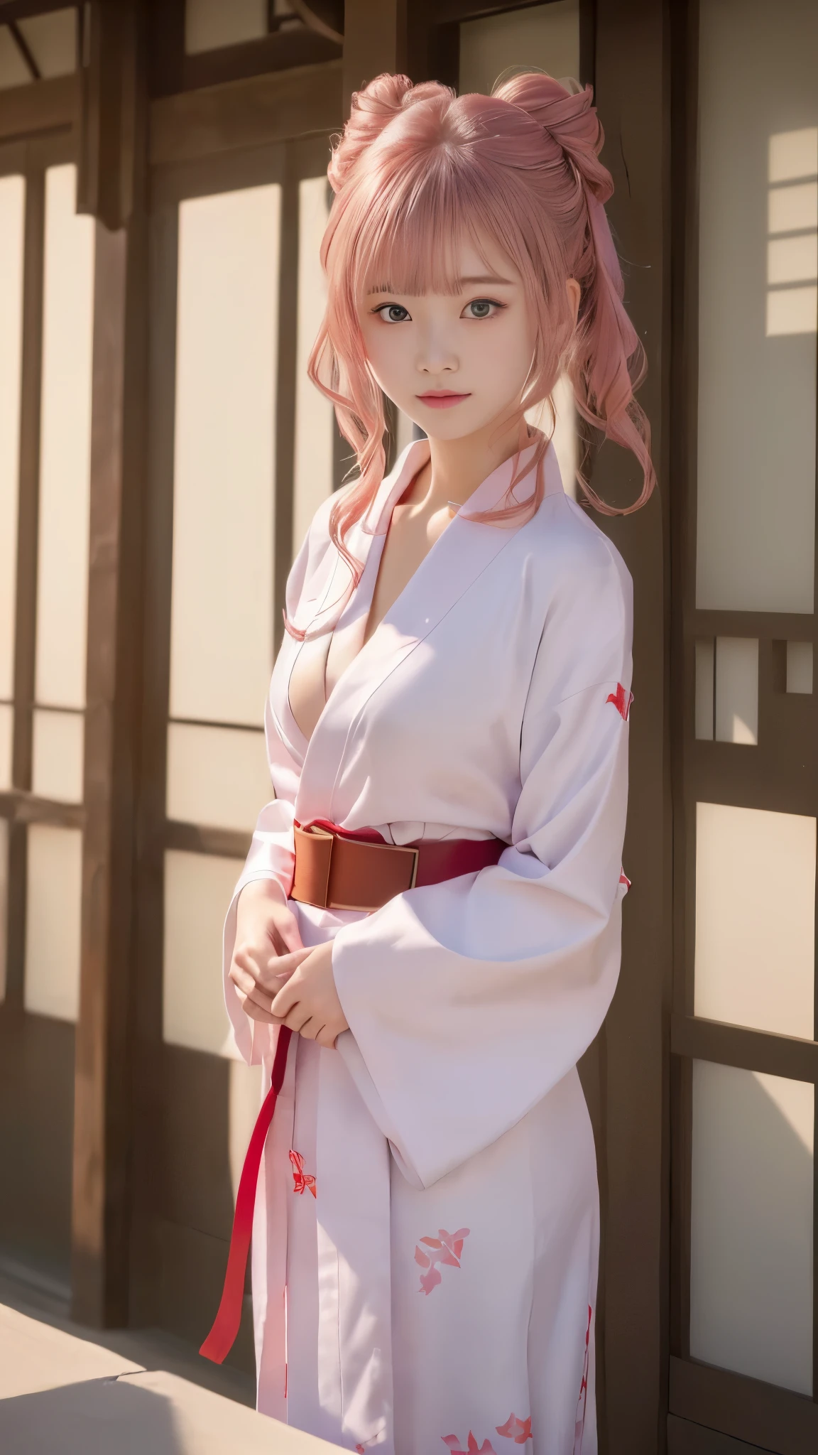 Girl 穿着和服 standing in front of a building, 穿着简单的长袍, ((红带, 优雅的白色和服)), 最佳动漫 4k konachan 壁纸, 穿着和服, 绫香原神冲击, 可爱的女孩动漫视觉效果, (((灵感来自由比滨由依))), 穿着简单的长袍, 女主角 👀 :8, 动漫萌系艺术风格, 年轻女孩, (美丽的胸部), ((最好的质量, 8千, 杰作:1.2)), (细致的眼睛和脸部:1.2), (详细的手:1.4), (小姑娘&#39;小手:1.4), (完美的解剖结构:1.3), (15岁漂亮女孩, 娃娃脸:1.3), (修长的身体线条), (身材小巧纤细), ((侧发髻发型, 美丽的粉红色头发)), 短发, (凝视观众:1.2)