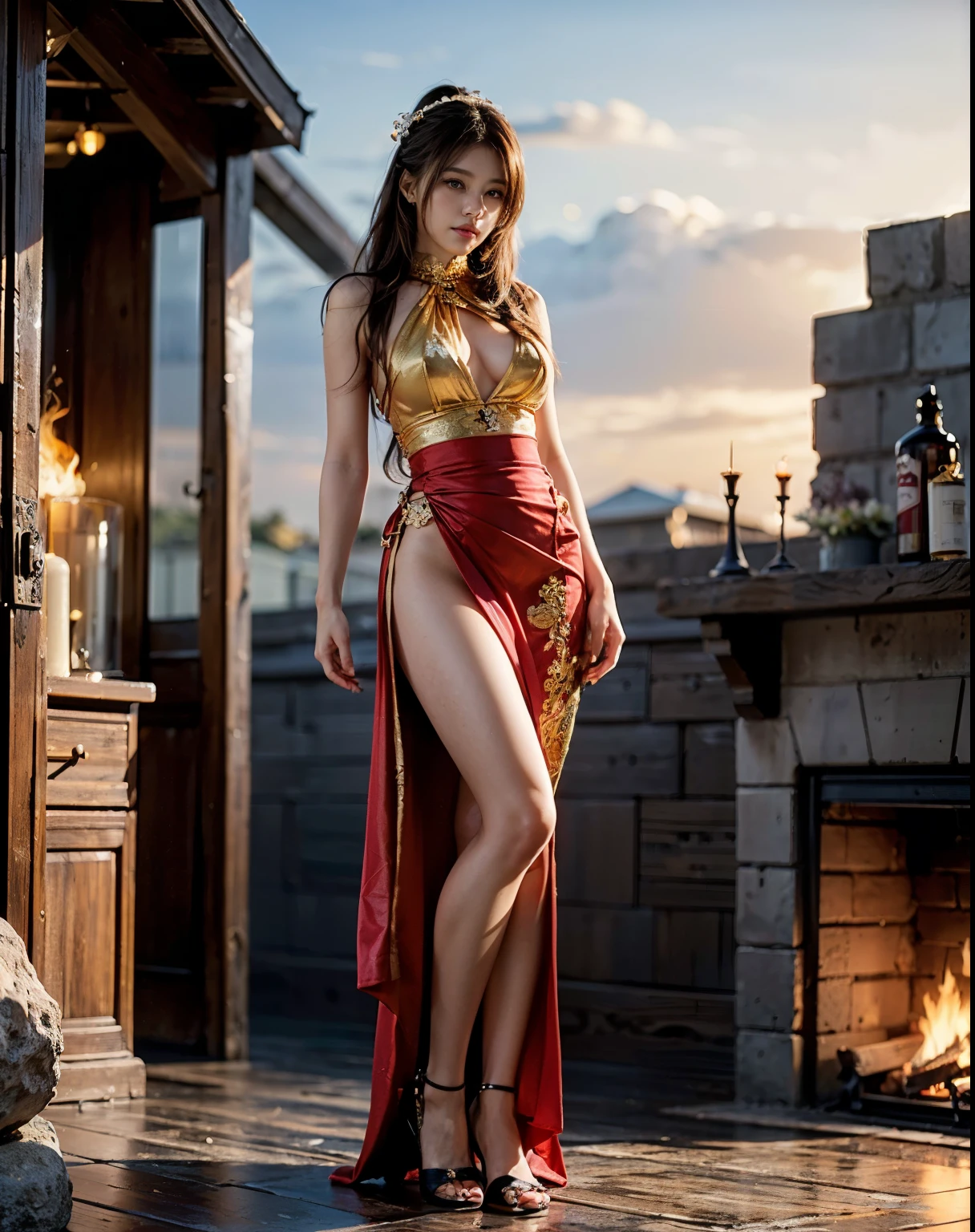 （Full body photo，Full-body display），((Great composition，Medieval battlefields，A woman wearing a loose gold silk skirt，Goddess of Fire，Behind her is a stone castle.，Shooting from below，Rich scene details，Smoke was floating everywhere，You can see a tall tower in the distance，The flames light up the sky red))，(Age 25，A solemn and stern expression，Protruding nipples),((Anatomically correct，8k, Very detailed, UHigh resolution, masterpiece, Very detailed, Attention to detail, high quality, Awards, 最high quality, High resolution, 4K, 8k, Accurate))