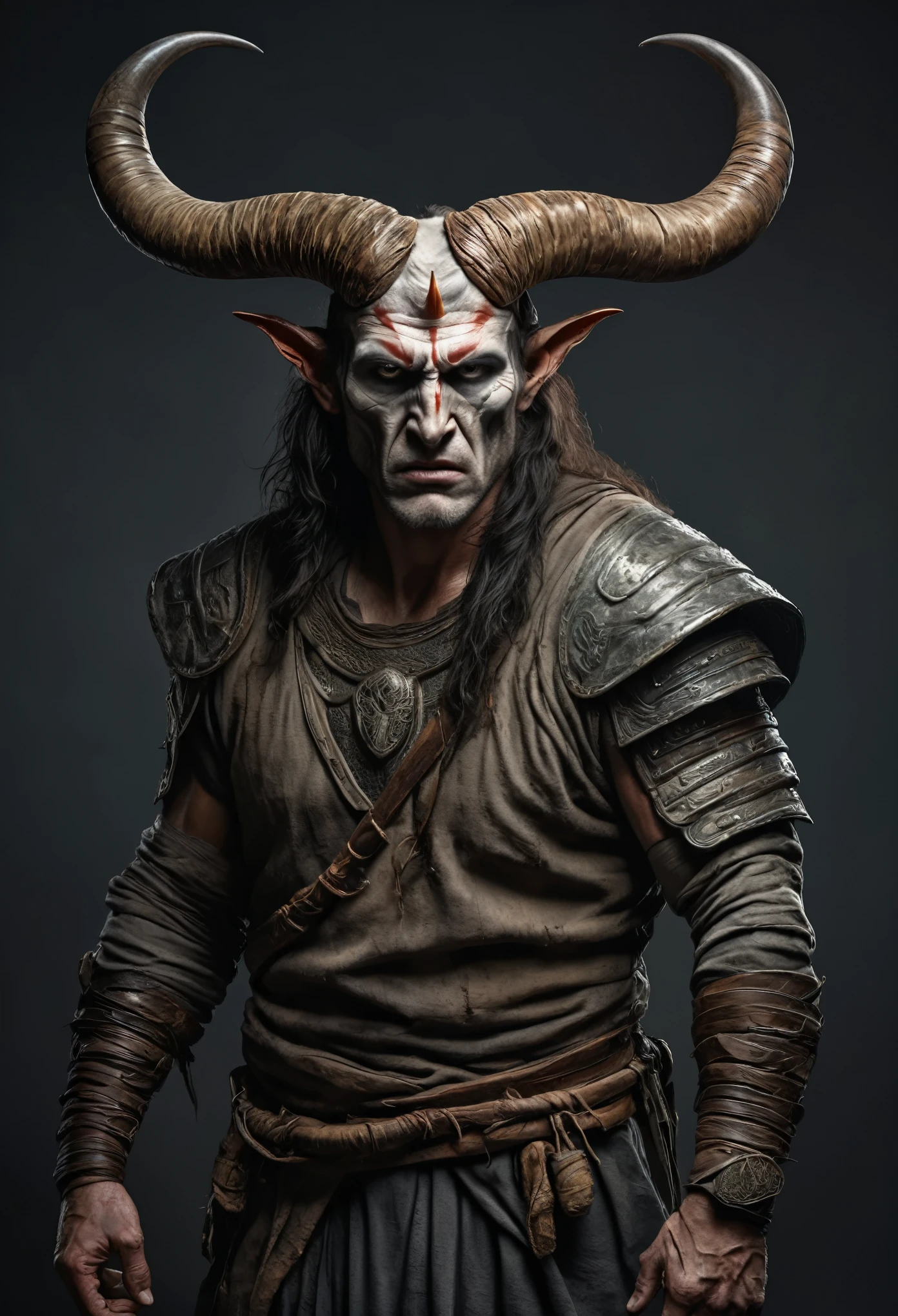 His face showed despair and fear., Holding a cloth bag in his arms, There are three pairs of pointed horns on the head., Extends all the way to the back of the head, The appearance is also quite ferocious, The kind that can scare people to death at a glance，Wearing ancient armor, Extremely strong, In each hand, they held a gleaming knife., With a murderous look on one's face, 