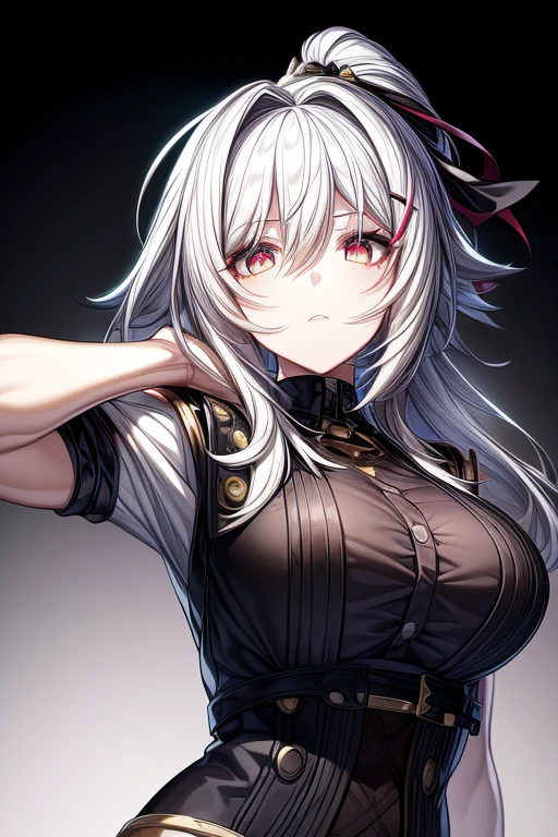 (masterpiece, best quality, perfect face, expressive eyes), 1girl, (anime), (adult), white hair, ponytail, golden eyes, black vest, hairclip, black fingerless studded gloves, grey shirt, 