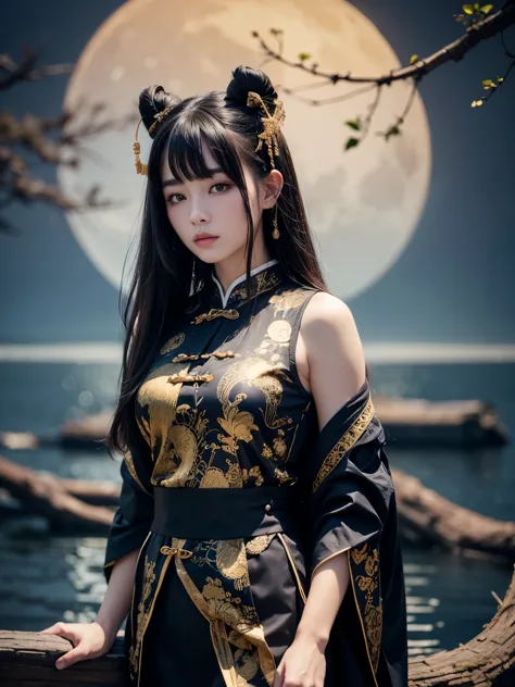 masterpiece, best quality, outdoor, night, full moon, lakeside, branches, 1 girl, mature girl, chinese style, ancient china, bla...